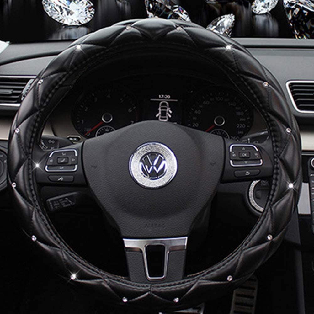 【ShaoN】ハンドルカバー 軽自動車 普通車 ステアリングカバー など キルティング おしゃれ ゴージャス 快適な握り心地タイプ おしゃれ ダイヤモンド 汚れ防止 PUレザー キラキラ光る (ブラッ