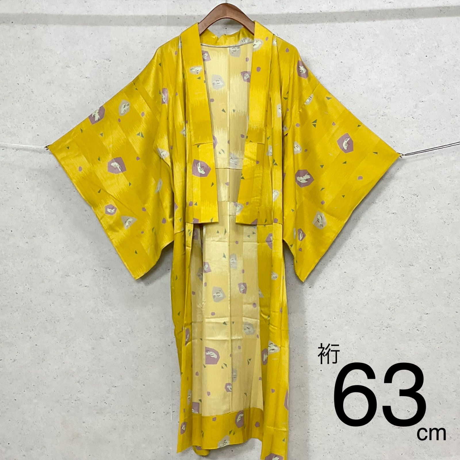 kimono+one◆未使用同然◆黄色◆市松模様◆小鳥◆長襦袢◆仕付け糸付き◆単衣◆袖無双◆裄63肩丈120◆小紋紬附下訪問着留袖袷単衣夏着物◆K1107