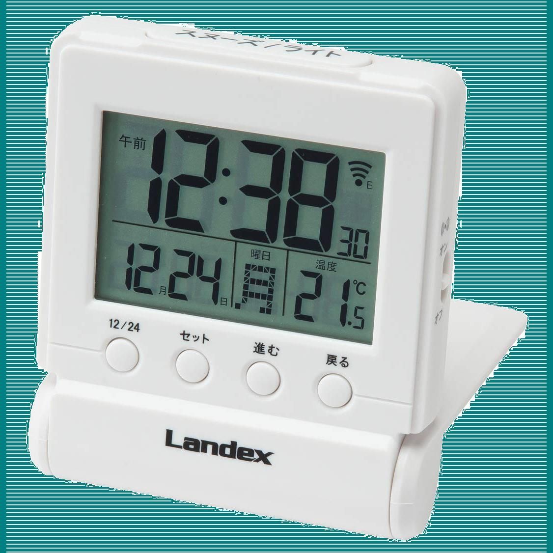 【売り切り商品】日付表示 温度 トラベルクロック デジタル 電波 ホワイト タイムクリック 目覚まし時計 YT5266WH ランデ
