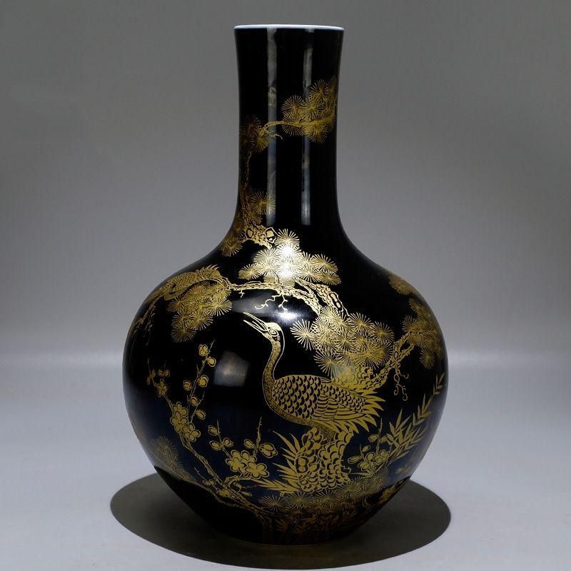 清康熙烏金釉本金手描き松鶴延年天球瓶 景徳鎮 陶磁器 装飾品現代工芸品美術品置物 清康熙烏金釉本金手描き松鶴延年天球瓶 景徳鎮 陶磁器 装飾品