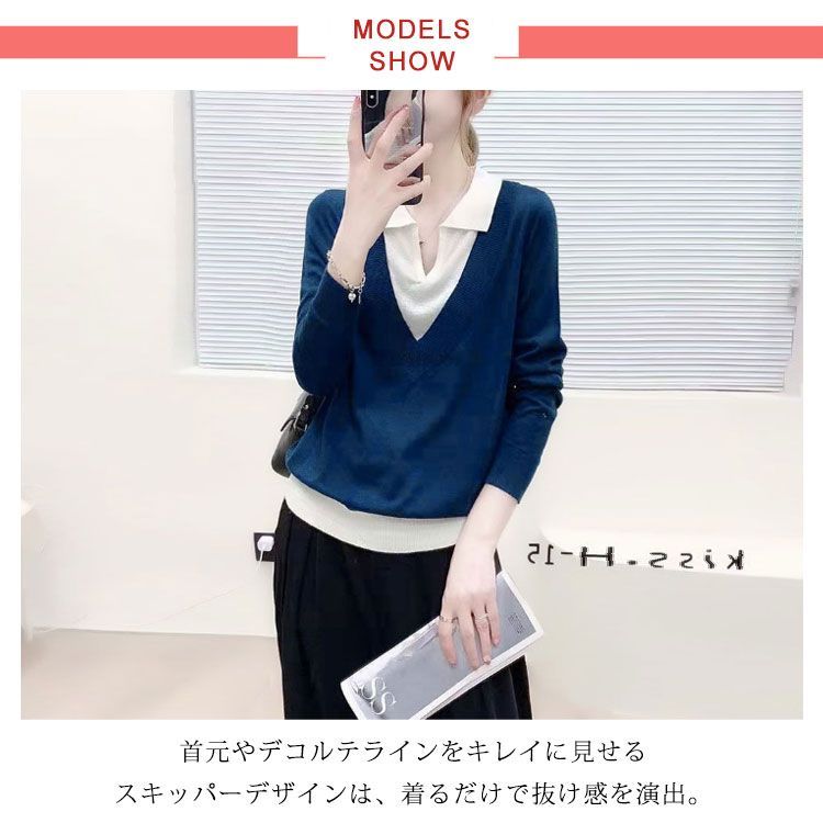 スキッパーネック フェイクレイヤードニット 重ね着風 ニットプルオーバー Tシャツ トップス サマーニット