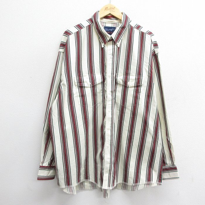 XL/古着 ラングラー 長袖 ウエスタン シャツ メンズ 90s ロング丈 大きいサイズ コットン ボタンダウン 生成り他 ストライプ 24sep05 中古 