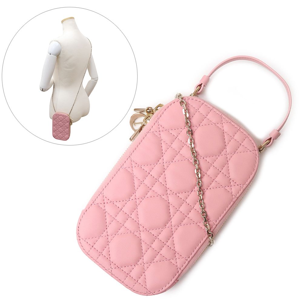 クリスチャンディオール レディ ディオール Callin Dior フォンホルダー 携帯 スマホ スマートフォンケース カナージュ ラムスキン レザー メロコトンピンク ライトゴールド金具 S0872ONMJ Christian Dior