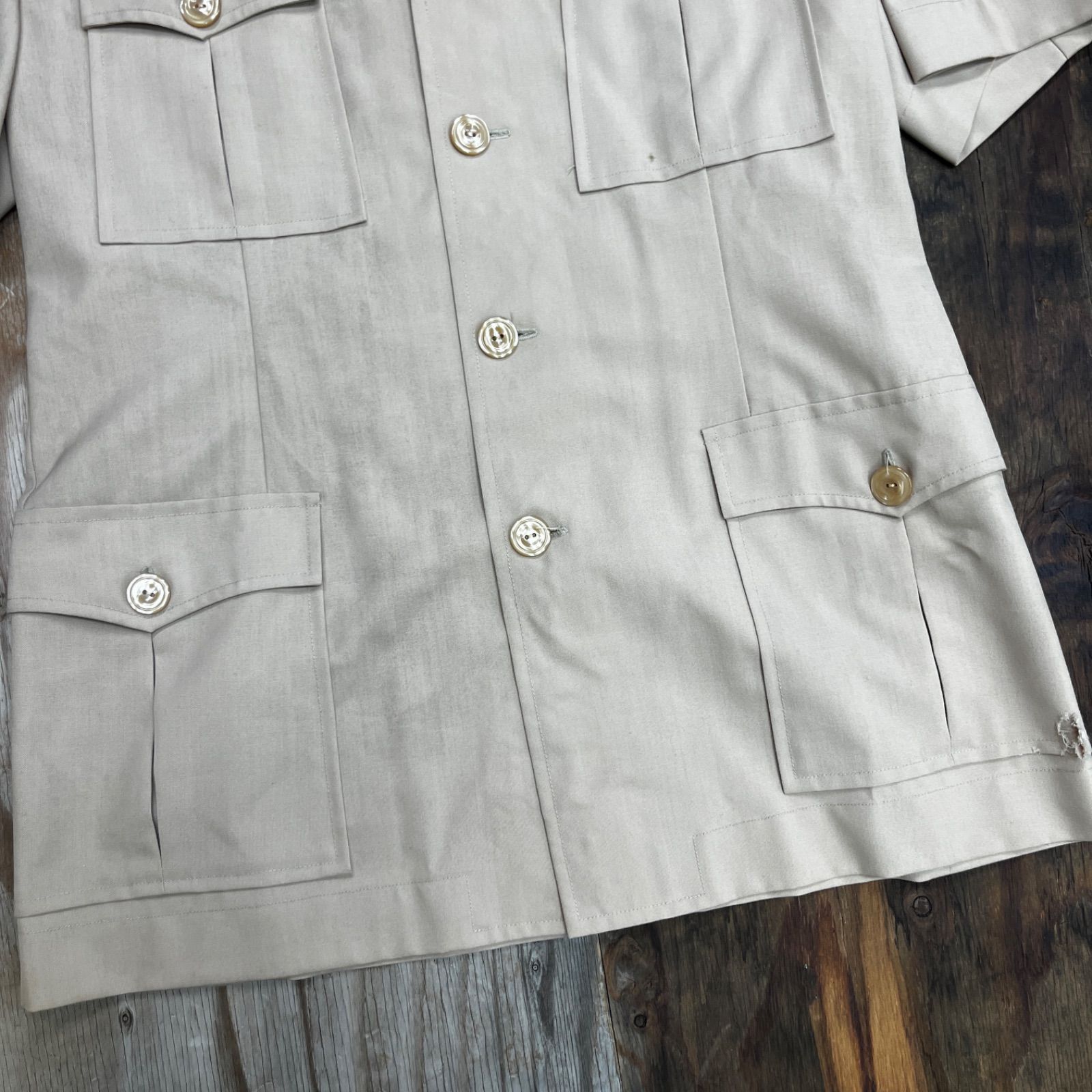 MODE ET CREATION サファリ セットアップ 半袖 シャツ オープンカラー スラックス サマーウール  OPTI ジッパー 片爪 薄手 60s 70s 80s シンガポール製 Singapore VINTAGE 古着 MF96 MODE ET CREATION サファリ セットアップ 半袖 シャツ オープンカラー
