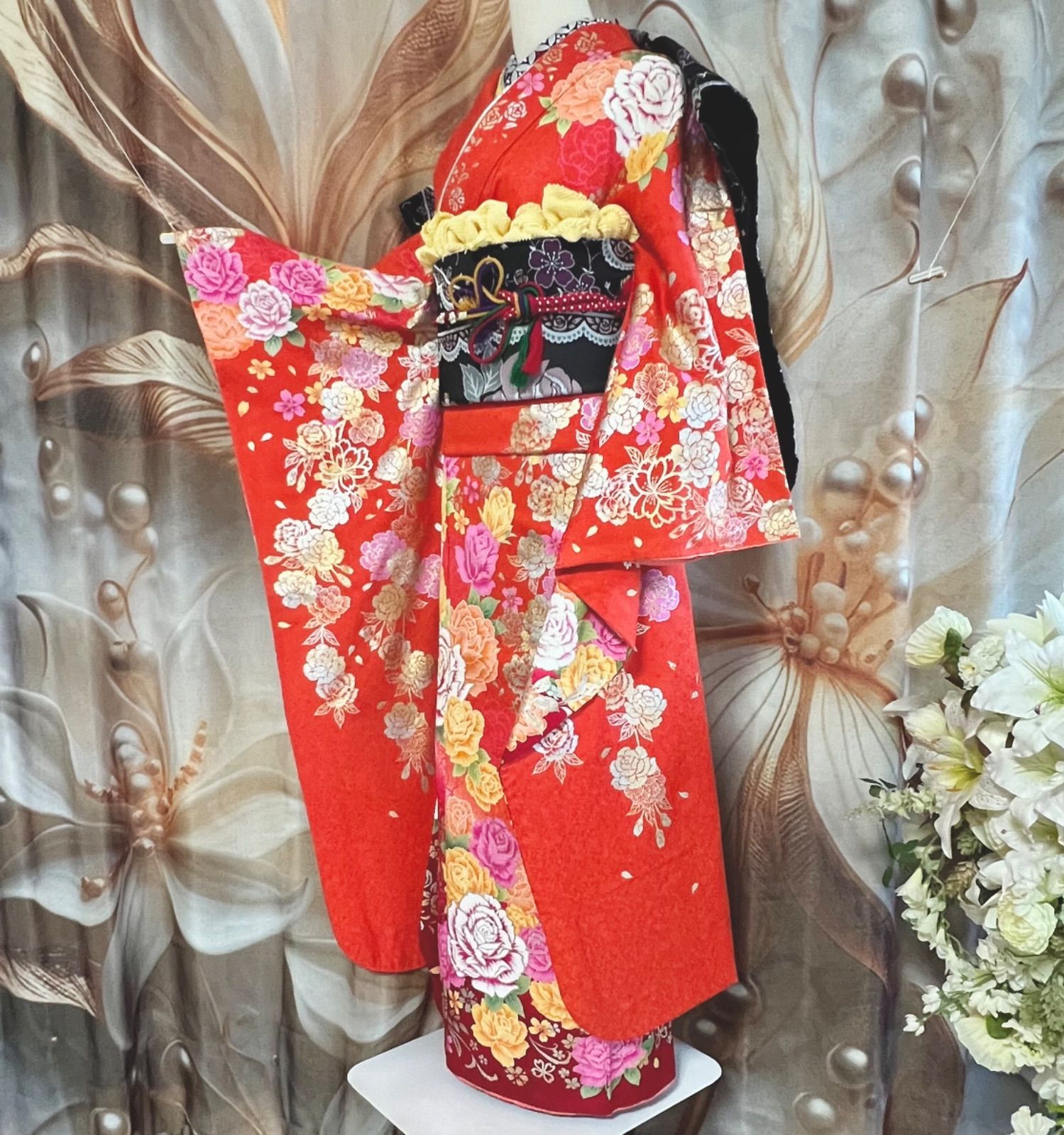 美品 2L L 振袖小物一式 新品刺繍半衿 フルセット 大きめ サイズ 成人