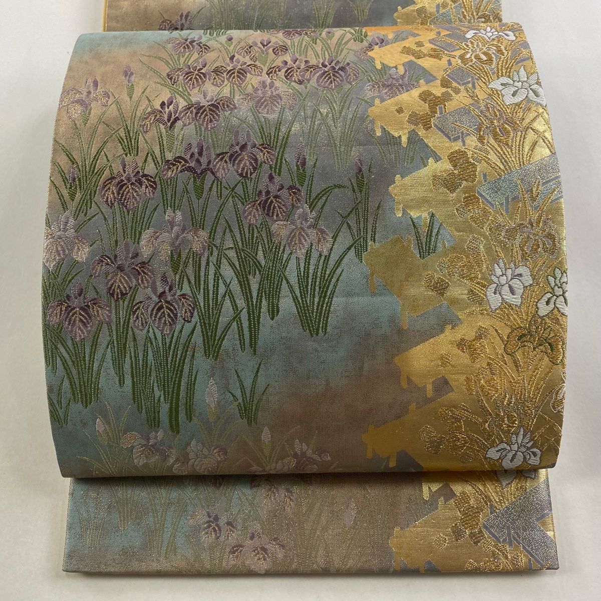 袋帯 秀品 菖蒲 八つ橋 金糸 箔 青灰色 六通 正絹