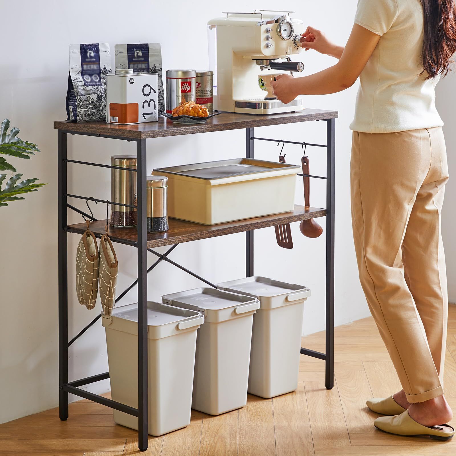 商品 IBUYKE キッチンラックゴミ箱上レンジボード ゴミ箱上ラック レンジ台 可動棚 幅80×奥行40×高さ87.5cm 大型レンジ対応 レンジ台 収納ラック 炊飯器 作業台 簡単組立 ブラウンJPTMJ027H