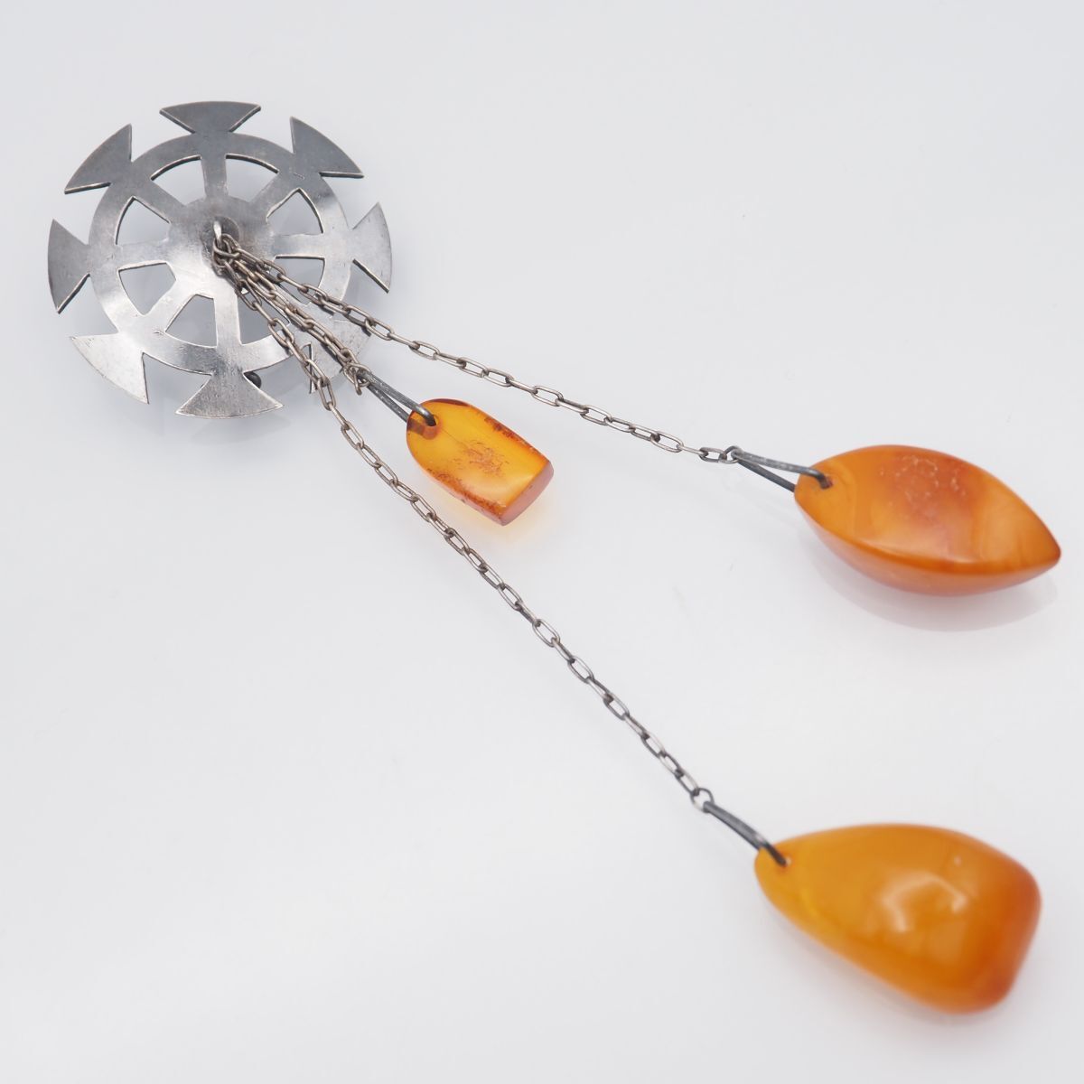 G764 琥珀 コハク アンバー 875刻印 ブローチ チェーン デザイン シルバー ヴィンテージ