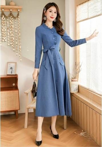 ウエストリボン フリルネック フレア シャツワンピ ワンピース シャツワンピース ロング ロング丈 袖あり 長袖 スタンドカラー フレア ポケット 前開き かわいい 大人可愛い きれいめ シンプル 大人 上品 おしゃれ 大人女子 こなれ感 ラブリー キュート ガーリー モード系 種類15：ブルー/L ウエストリボン フリルネック フレア シャツワンピ