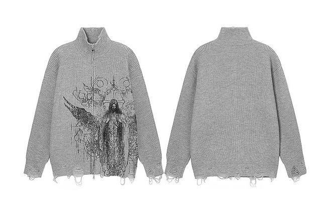 h アメリカンハイストリート 人物プリント ハーフハイネック ニットカーディガン｜メンズ 秋冬 ヴィンテージ風 ダメージ加工 ジップアップ セーター NOITHATQUANGTHANH_NET