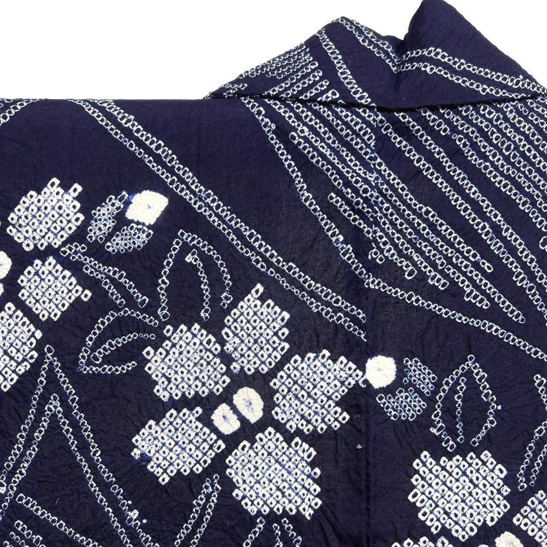 浴衣 有松鳴海絞り 花模様 杉綾紋 ギザギザ ネイビー 着物 034a d 浴衣