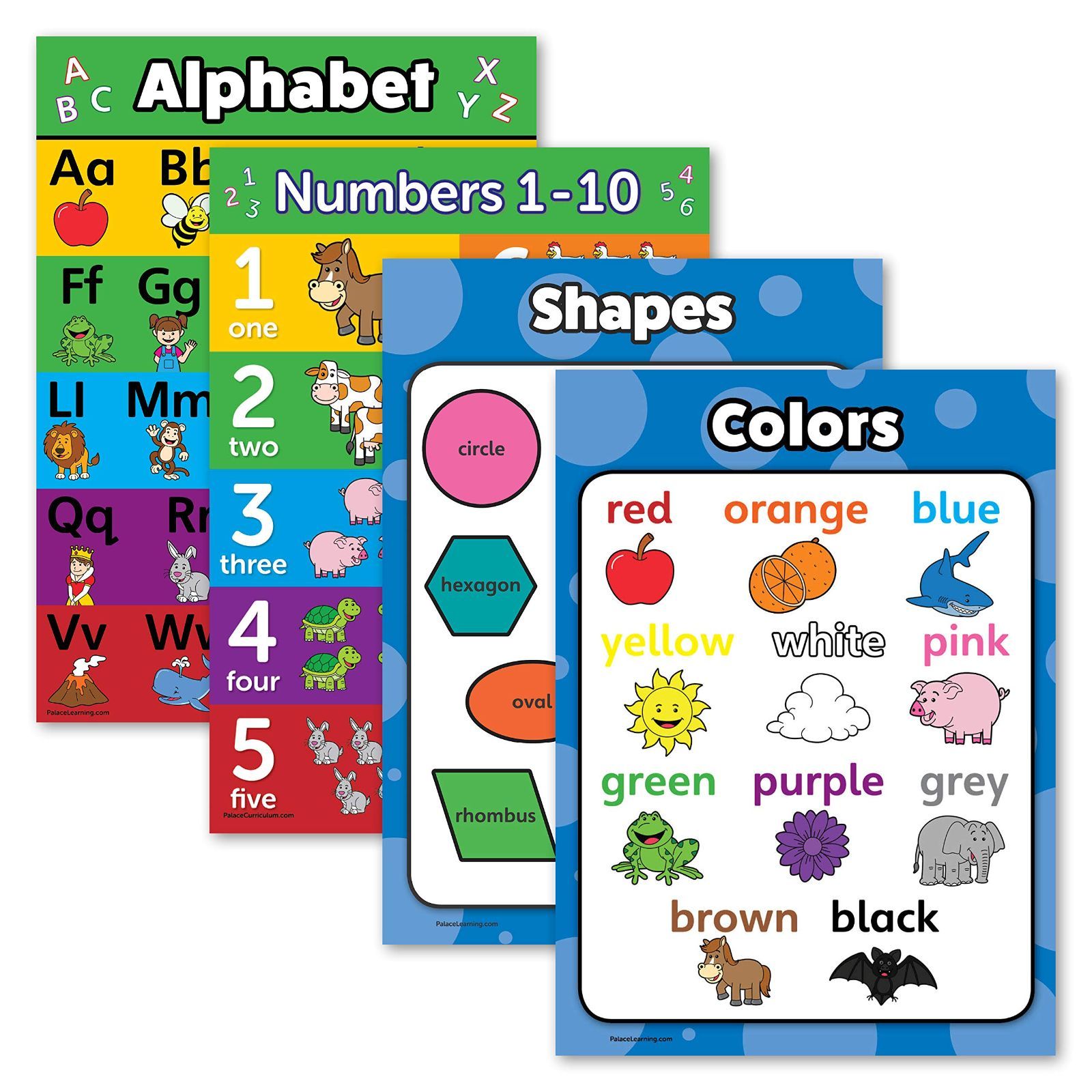 4パック - ABCアルファベット+数字1-10 + 図形+カラーポスターセット - 幼児教育チャート(ラミネート加工、18 x 24インチ)