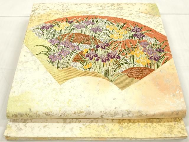 平和屋着物◎太鼓柄袋帯 唐織 流水草花文 杜若 カキツバタ 金