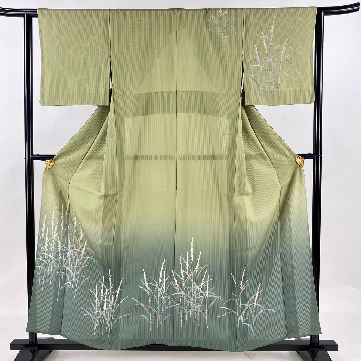 付下げ 身丈155.5cm 裄丈63cm S 薄物 田村哲彦 縦絽 落款 草花 ぼかし 鶯色 正絹 名品