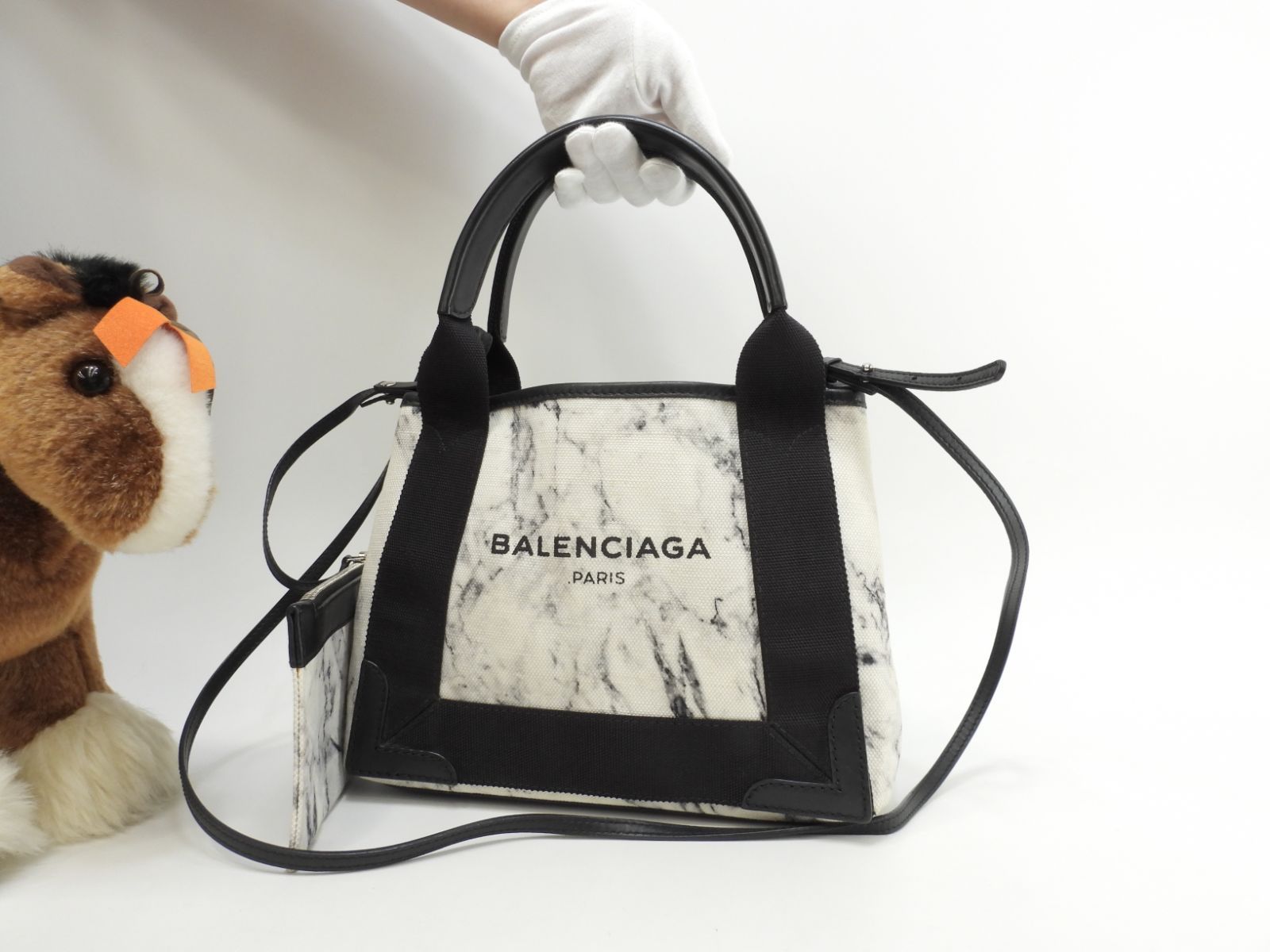 バレンシアガ ネイビーカバXS キャンパス/レザー 白黒大理石柄