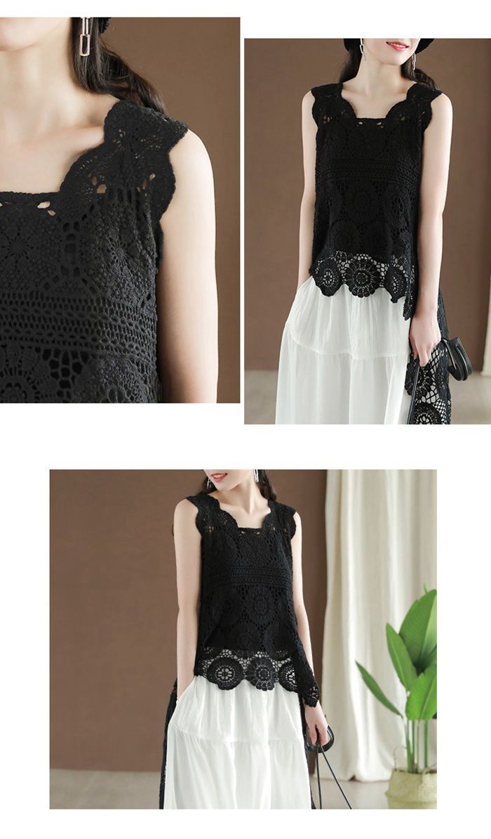 レースプルオーバートップス  アシンメトリーな裾ライン ノースリーブ 花柄 刺繍 重ね着 不規則 羽織り 総柄 透かし編み 楽天市場】レース ベスト ノースリーブ 花柄 刺繍 後ろ長め 重ね