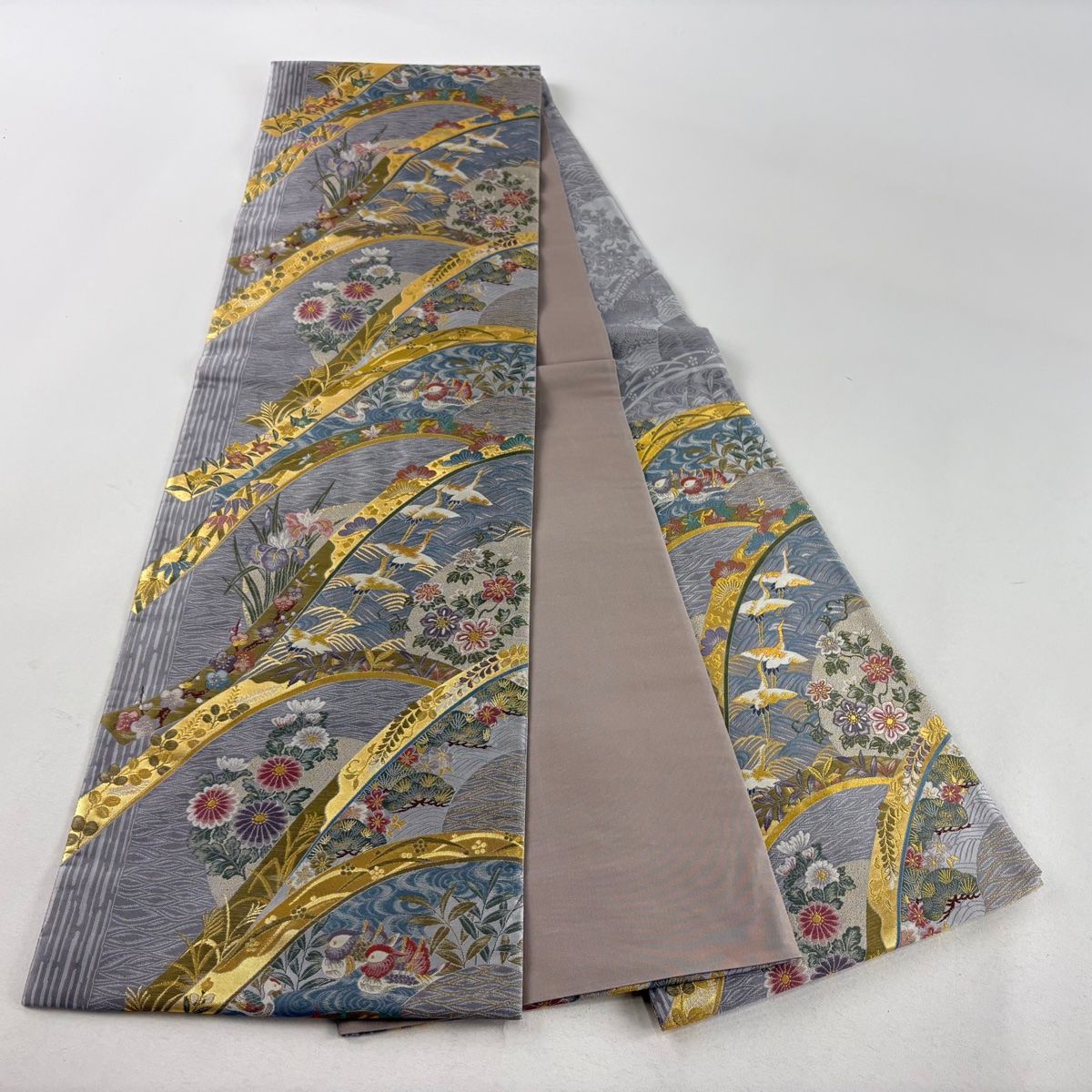 袋帯 美品 名品 やまと 鶴 松竹梅 箔 金糸 灰色 六通 正絹