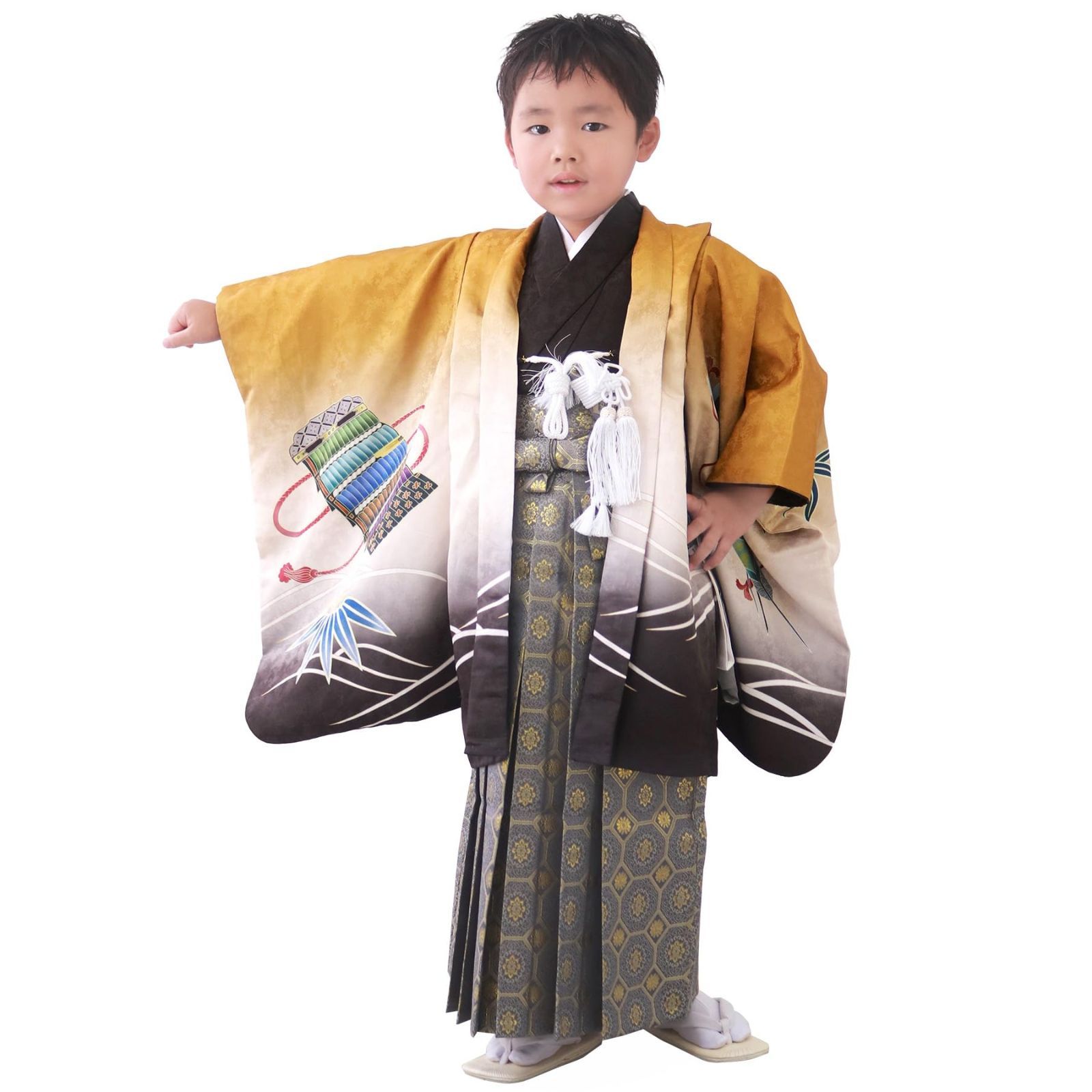 KYOETSU キョウエツ 七五三 5歳 男の子 着物 セット 羽織 袴 フルセット 753 絵羽 A 15 兜-金茶＋藍鼠