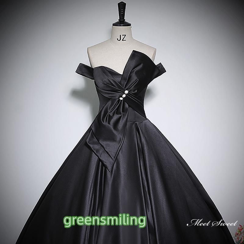 パーティードレス オフショルダー ブラック ロング丈 カラードレス ウエディング 二次会 発表会 演奏会用 花嫁 立体レース 光沢サテン 体型カバー設計