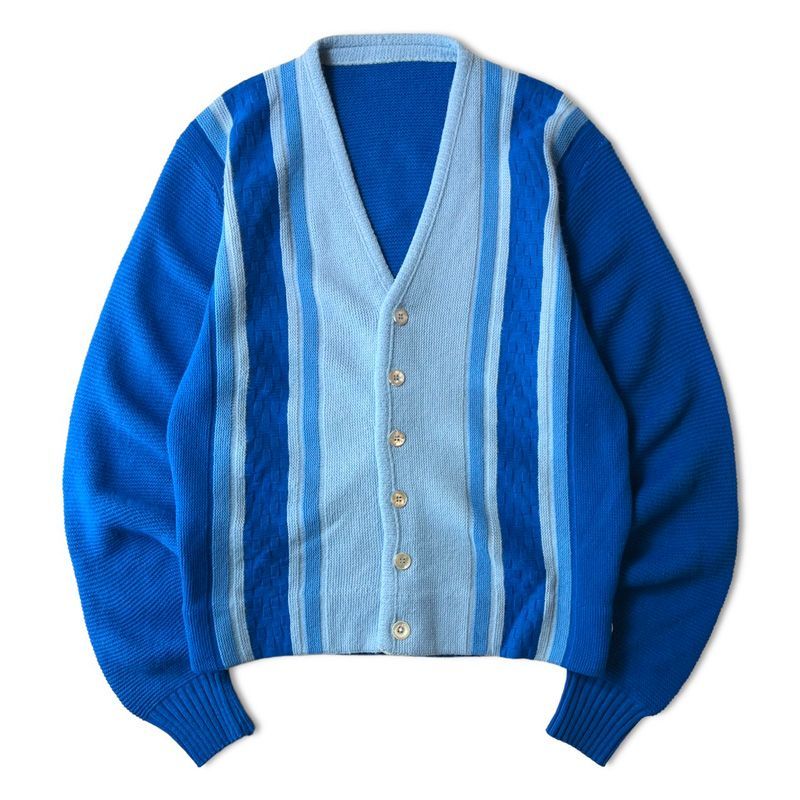 70s ストライプ 総柄 アクリル ニット カーディガン / 70年代 ビンテージ ブルー マルチカラー セーター