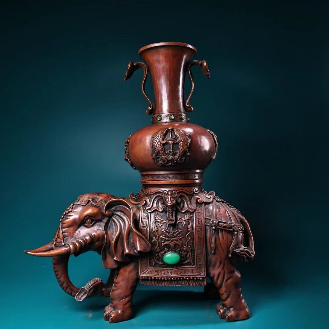 花瓶□銅製 象耳付き花器 花唐草紋 青銅 花器 花生け 古美術 時代物