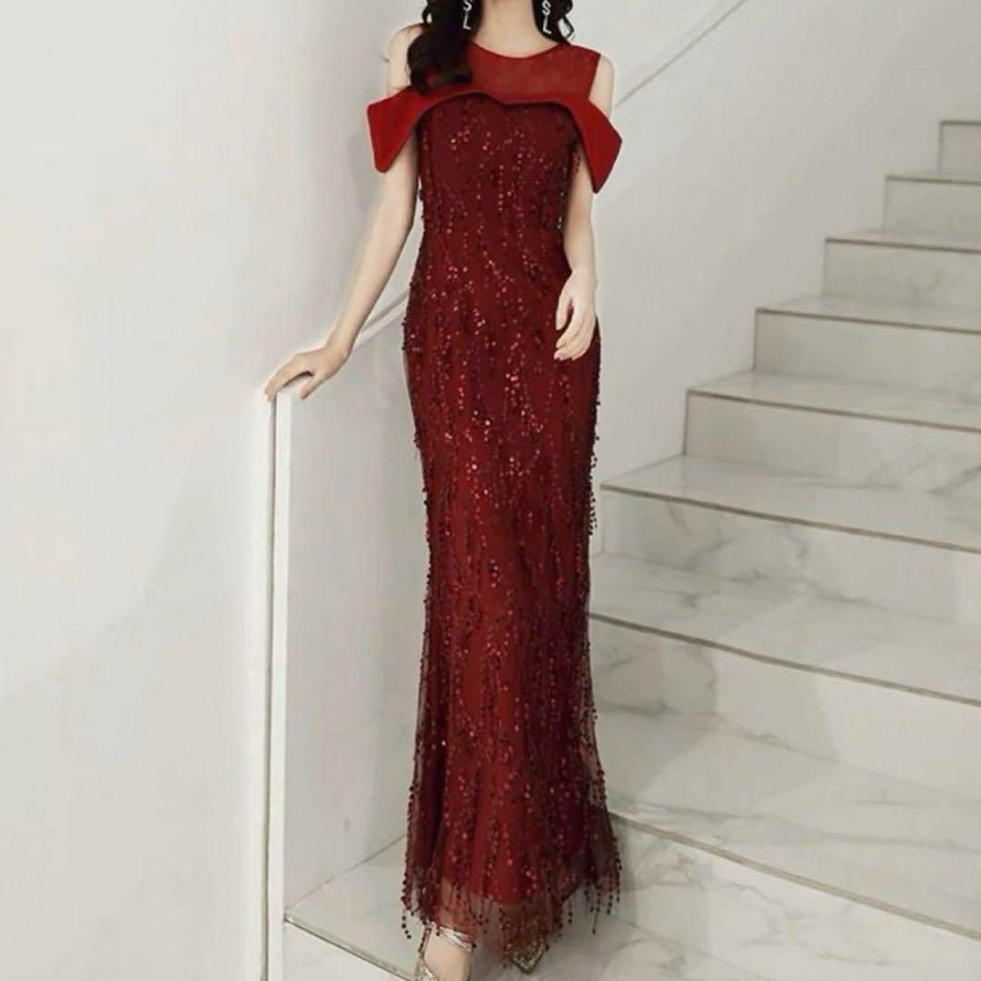 花柄レースにスパンコールが美しい オフショルイブニングドレス 25年新作 新品未使用 花柄レースにスパンコールが美しい