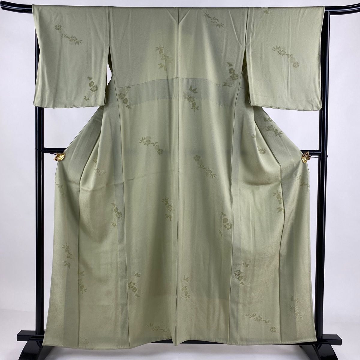 小紋 身丈159cm 裄丈65.5cm M 単衣 草花 地紋 薄緑 正絹 名品