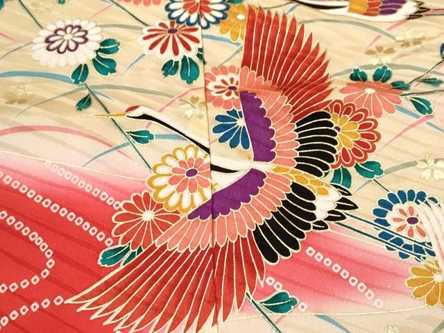 平和屋着物[]七五三 女の子 7歳 祝着 四つ身 飛鶴枝垂れ花文 暈