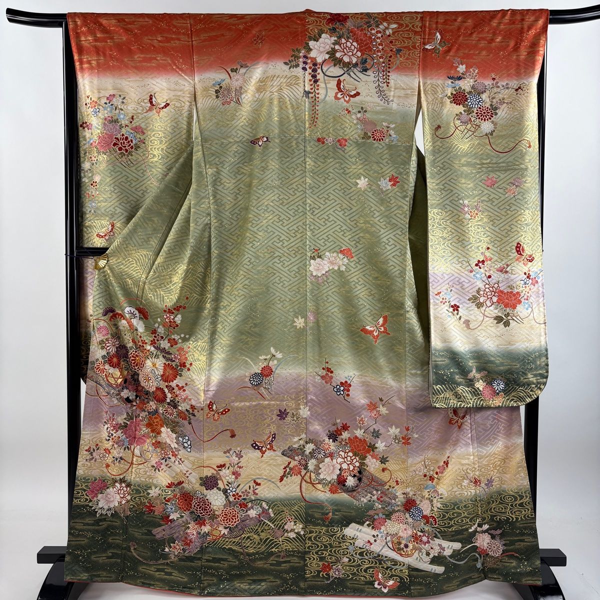 振袖 身丈167cm 裄丈65cm M 袷 谷崎潤一郎の世界 落款 花籠 花筏 金糸 金彩 灰緑 正絹 秀品