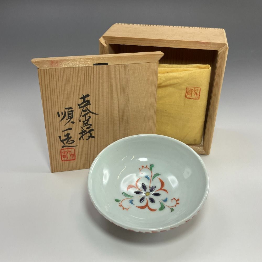 kyoyaki 京焼 古余呂技窯 川瀬順一 作 赤絵草花紋酒呑 二代 川瀬竹春 陶磁器 _ 食器