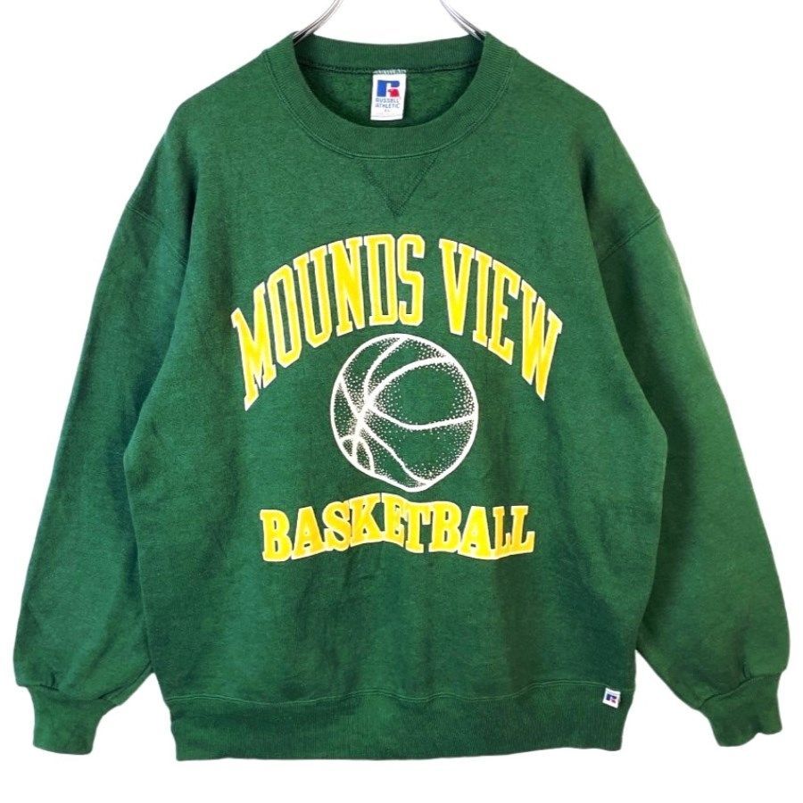 80s90sUSA製ラッセルアスレチックRussell Athleticカレッジ系スウェットトレーナーVガゼットbasketballバスケットボールMOUNDS VIEW緑グリーン黄色イエロー白ホワイトvintageヴィンテージ41102