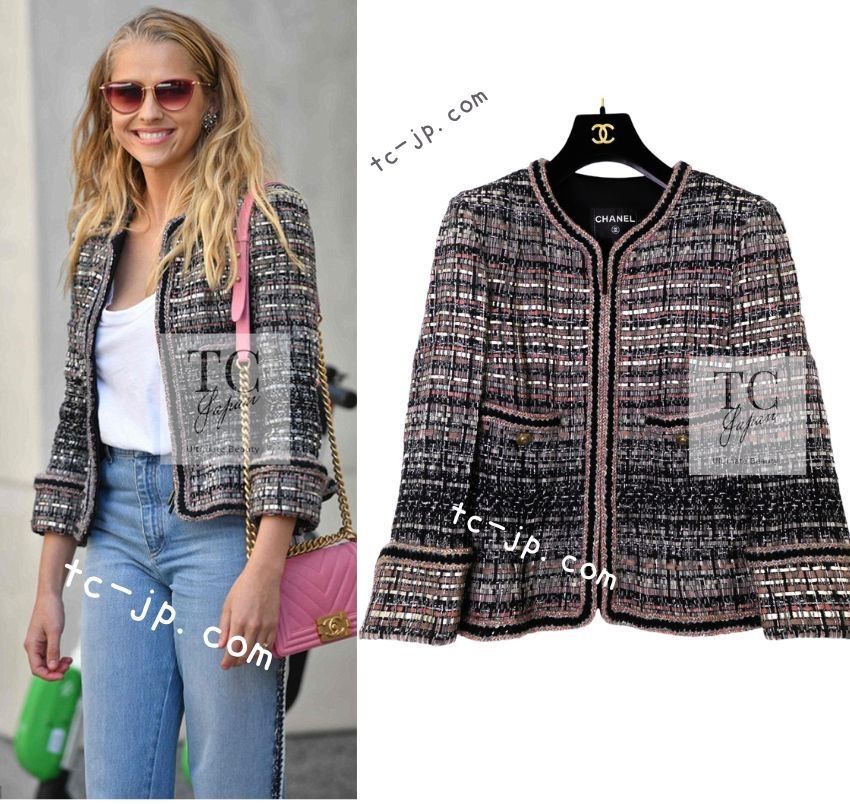 CHANEL - シャネル ジャケット CHANEL ブラック グレー ピンク シルバー メタリック ツイード カール・ラガーフェルド作品 超美品 40 42 シャネル ジャケット CHANEL ブラック グレー ピンク シルバー