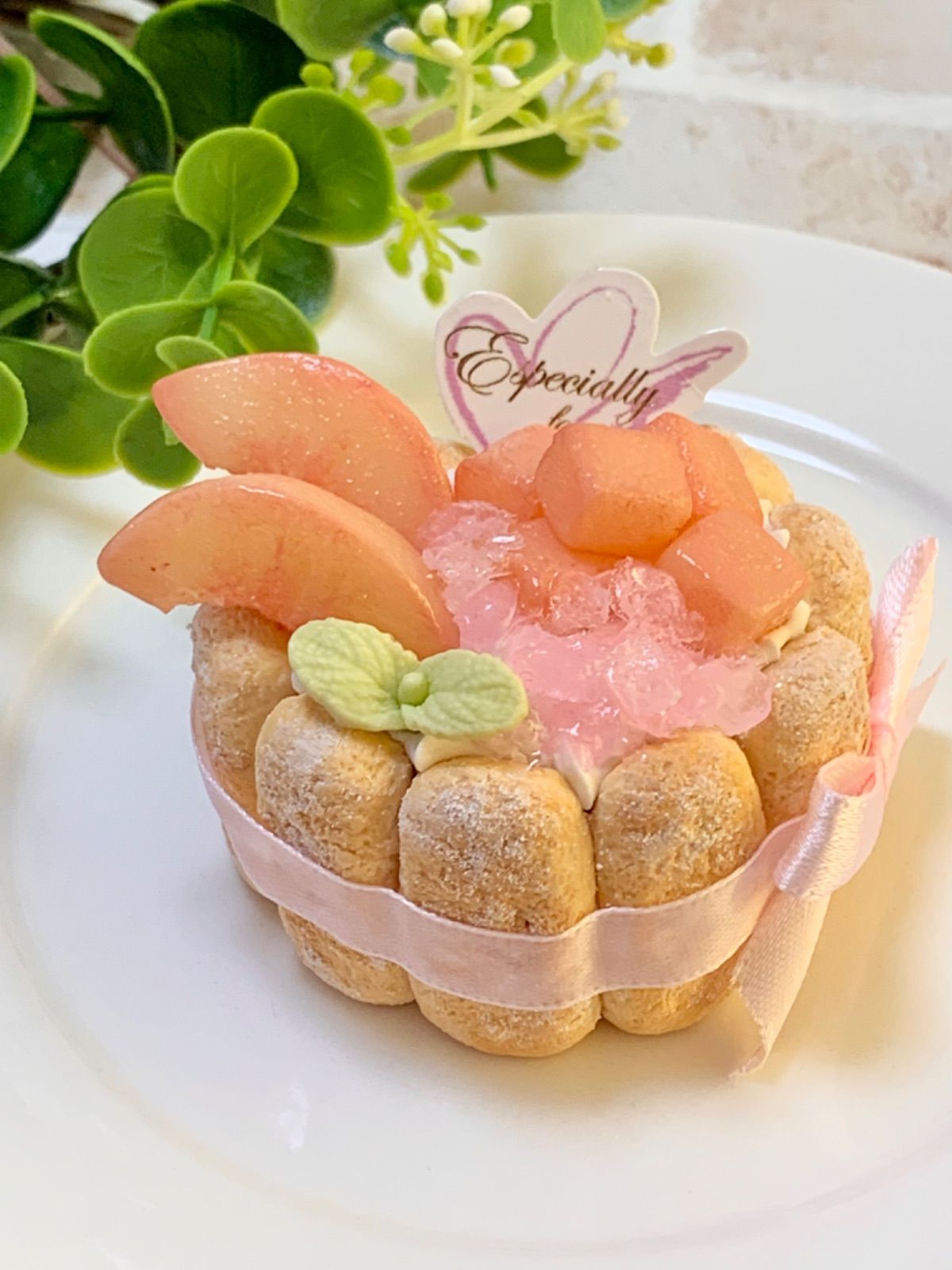 【まりあ様】フェイクスイーツ◆ローズ＆水色ムースのプリンセス♡シャルロットケーキ 値引 まりあ様】フェイクスイーツ◇ローズ＆水色ムースの
