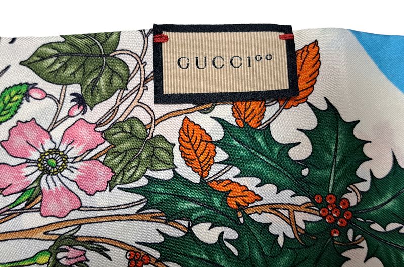 【美品】GUCCI グッチ ネックボウ シルク100% 花柄 リボンスカーフ グッチ スカーフ ロゴ花柄 100周年 ネックボウ シルク 100