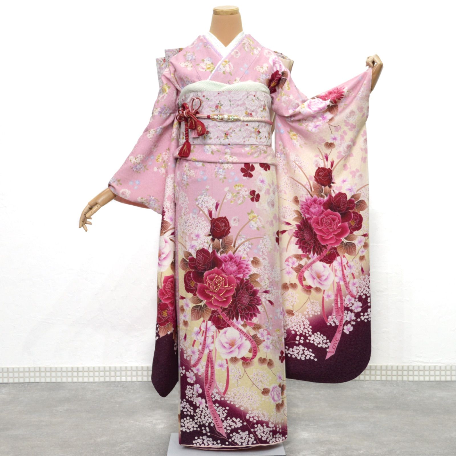 美品》正絹 振袖フルセット 成人式 M〜LLサイズ 薔薇 レース帯 上品 美 