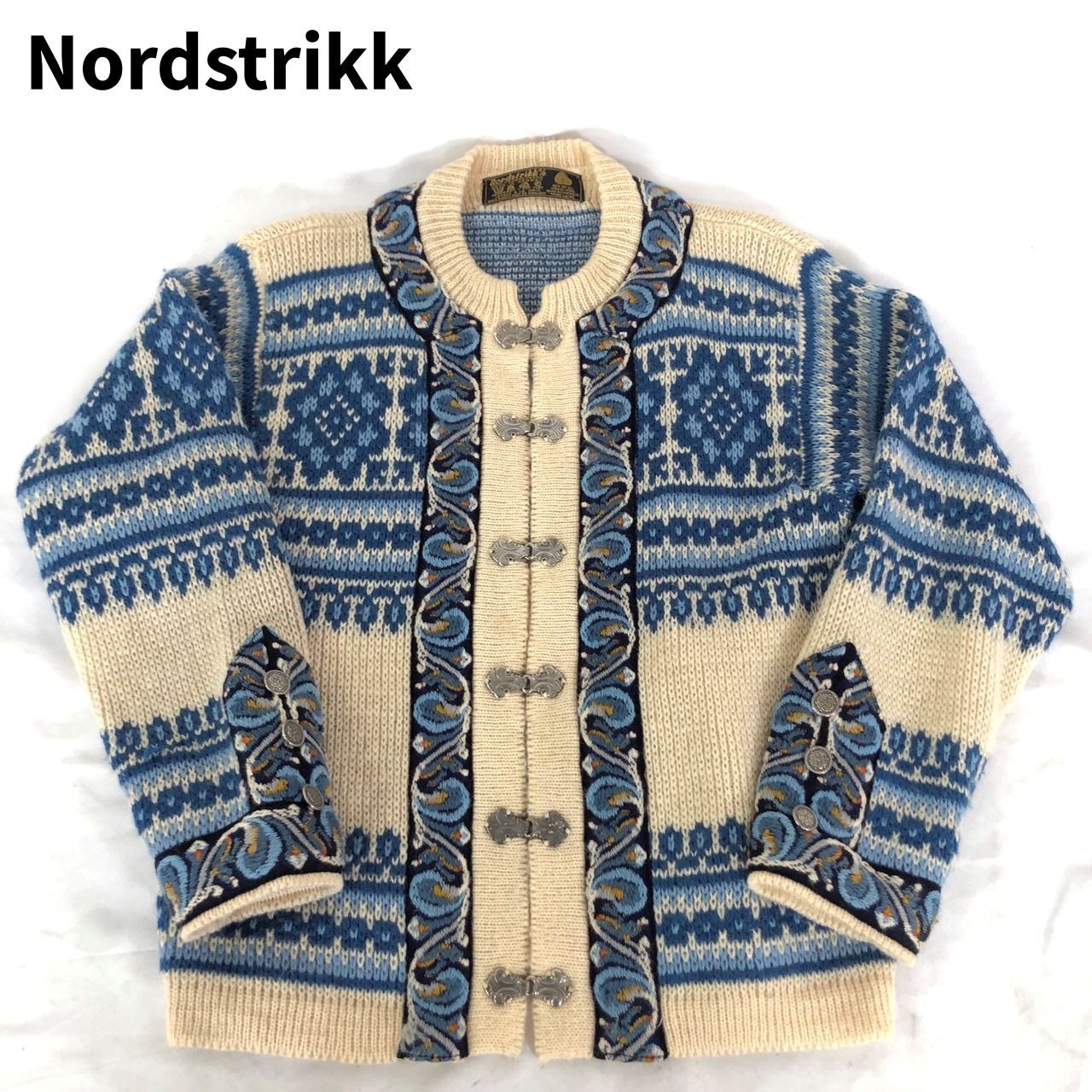Nordstrikk◆カーディガン(厚手)/--/ウール/WHT/総柄/チロリアン 80s ノルウェー製 nordstrikk ノルディック柄 チロリアンテープ