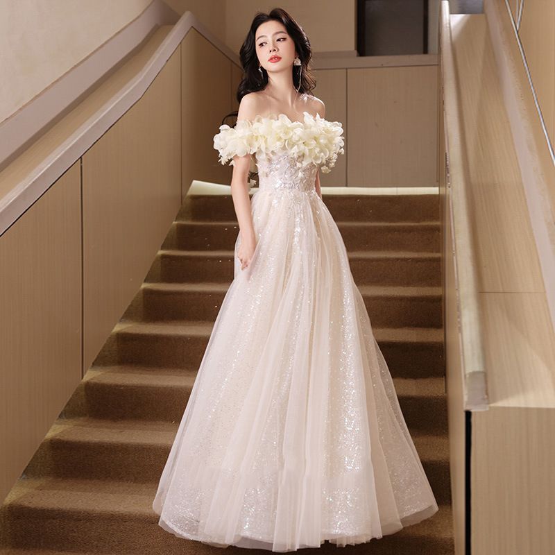 イブニングドレス パーティードレス ウェディングドレス 結婚式 披露宴 演奏会 オフショルダー フラワードレス Aライン