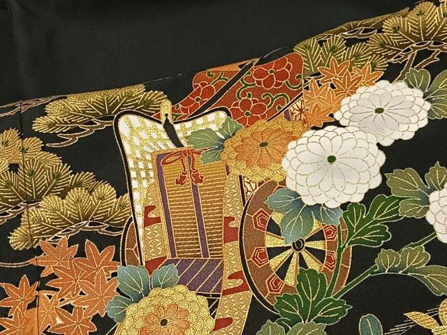 平和屋□極上 振袖 駒刺繍 御所車花文 金彩 京都きもの友禅扱い 逸品
