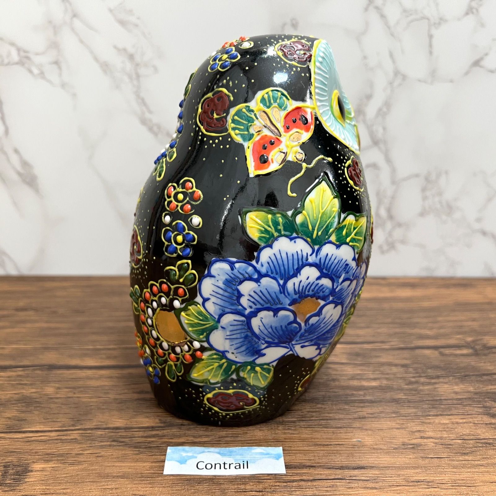 九谷焼】6号 ふくろう 牡丹 フクロウ 梟 置物 Kutani Ware Owl Lucky 