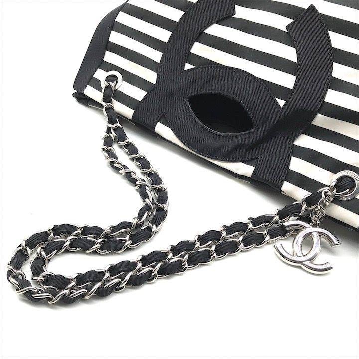 良品 CHANEL シャネル 2WAY ココマーク ボーダー キャンバス チェーン