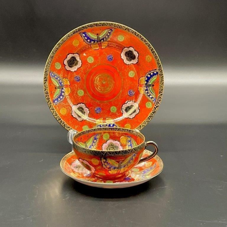 里帰り 大日本 宮島 朱金花蝶図 カップ ＆ ソーサー トリオ ニッポン ノリタケ ティーセット カップ 赤に金彩 蝶