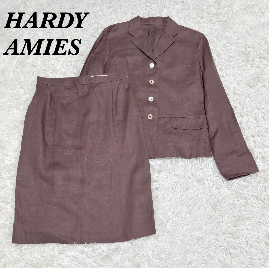HARDY AMIES 麻 スカートスーツ 38 ブラウン