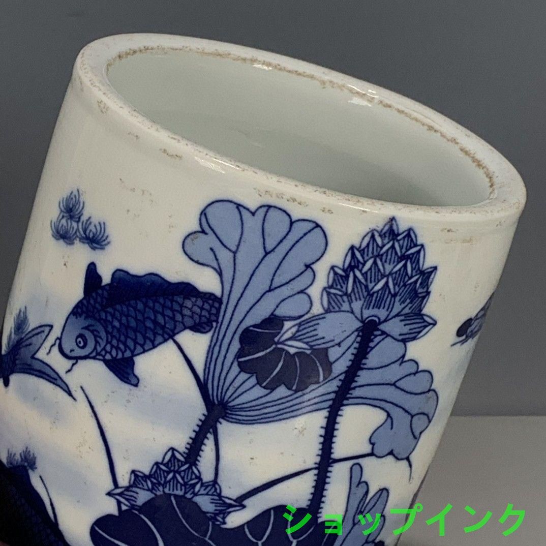 景徳鎮 磁器 青花荷葉紋筆筒 書具 文房具 現代工芸品 美術品