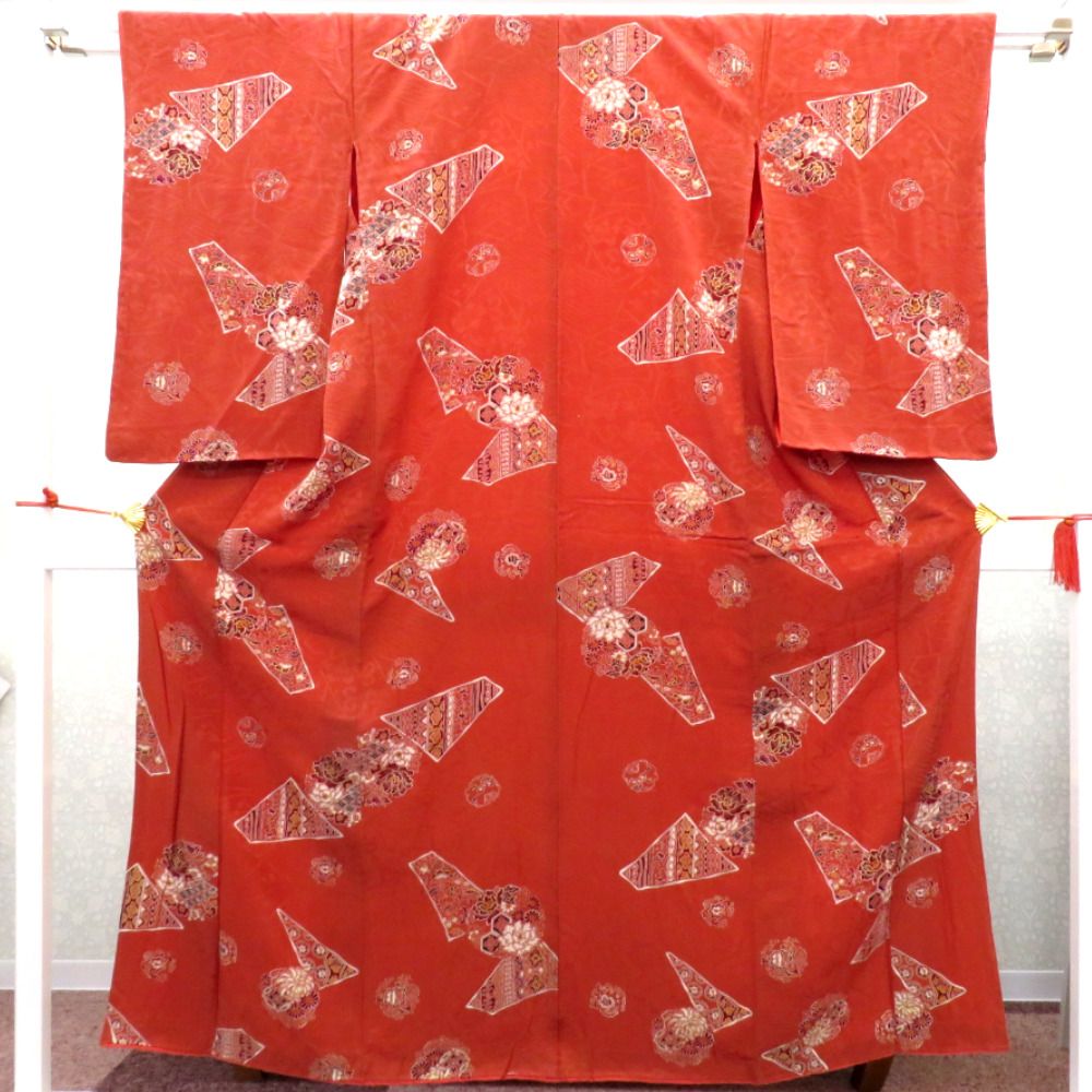 アンティーク 袷 茶 白 赤 黒 金 花 地模様入 バチ衿 正絹 レトロ 明治