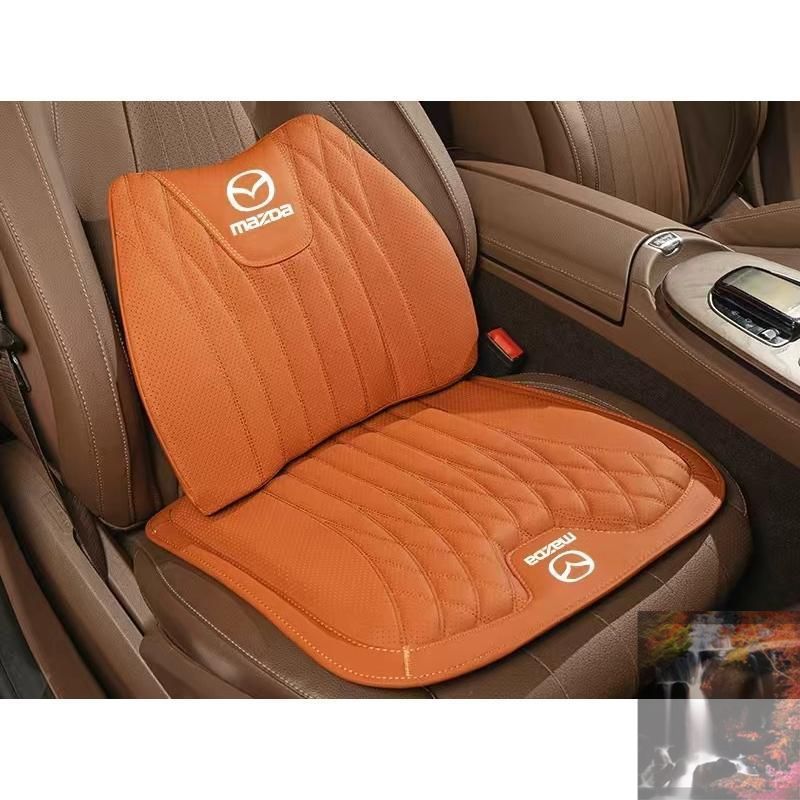 【美品?新品未使用】 ◆マツダ MAZDA◆オレンジ◆シートクッション 車用 シートカバー ナッパ レザー 腰当て 滑り止め 弾性 座布団1点+腰クッション1点 CCYKDQ087