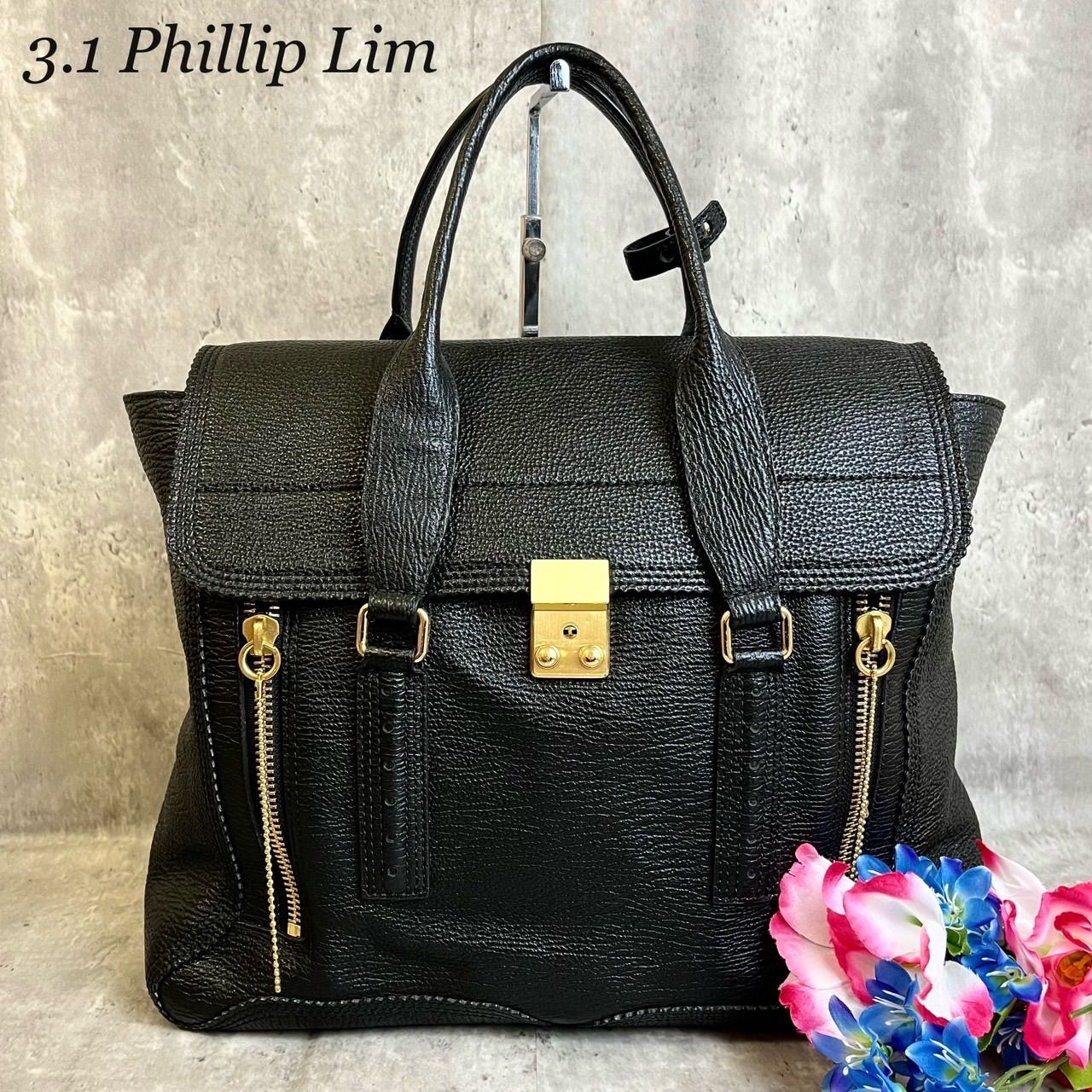 ✨良品✨ 3.1 Phillip Lim スリーワンフィリップリム トートバッグ ハンドバッグ フラップ ジッパー ゴールド金具 A4収納 ロゴ型押し  レザー レディース ブラック 黒色 - メルカリ