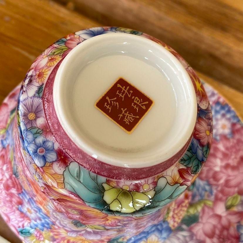 中国茶器 景徳鎮 陶磁器 琺瑯彩万花馬蹄三才蓋碗 茶碗 煎茶器