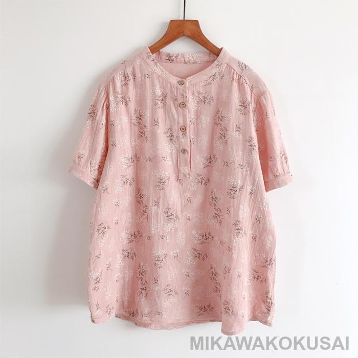 綿 ガーゼ シャツ 半袖 長袖 2重ガーゼ シャツブラウス レディース バンドカラー シャツ ブラウス トップス 春 夏 カジュアル ナチュラル 
