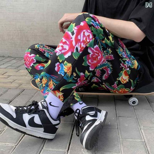 種類9：32XL /A：黒クロップドパンツ 秋冬 コーデ メンズ  服 シンプル ファッション オシャレ 大人 かっこいい 大きいサイズ ストリート 紳士服  花 パンツ 牡丹 鳳凰 九分丈 レッド カジュア