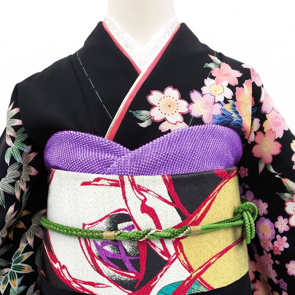 中古】 振袖用 袋帯 京都 西陣 正絹 絹 黒 金糸 ラメ糸 薔薇 バラ 花柄